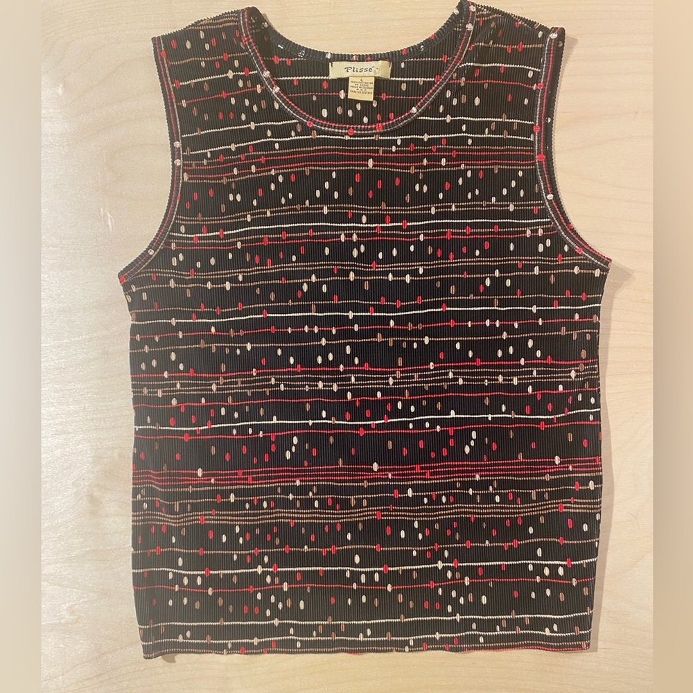 Plisse’ Black Sleeveless Ribbed Tank with Red & Cream Dot Pattern Large (QM) - Picture 2 of 6